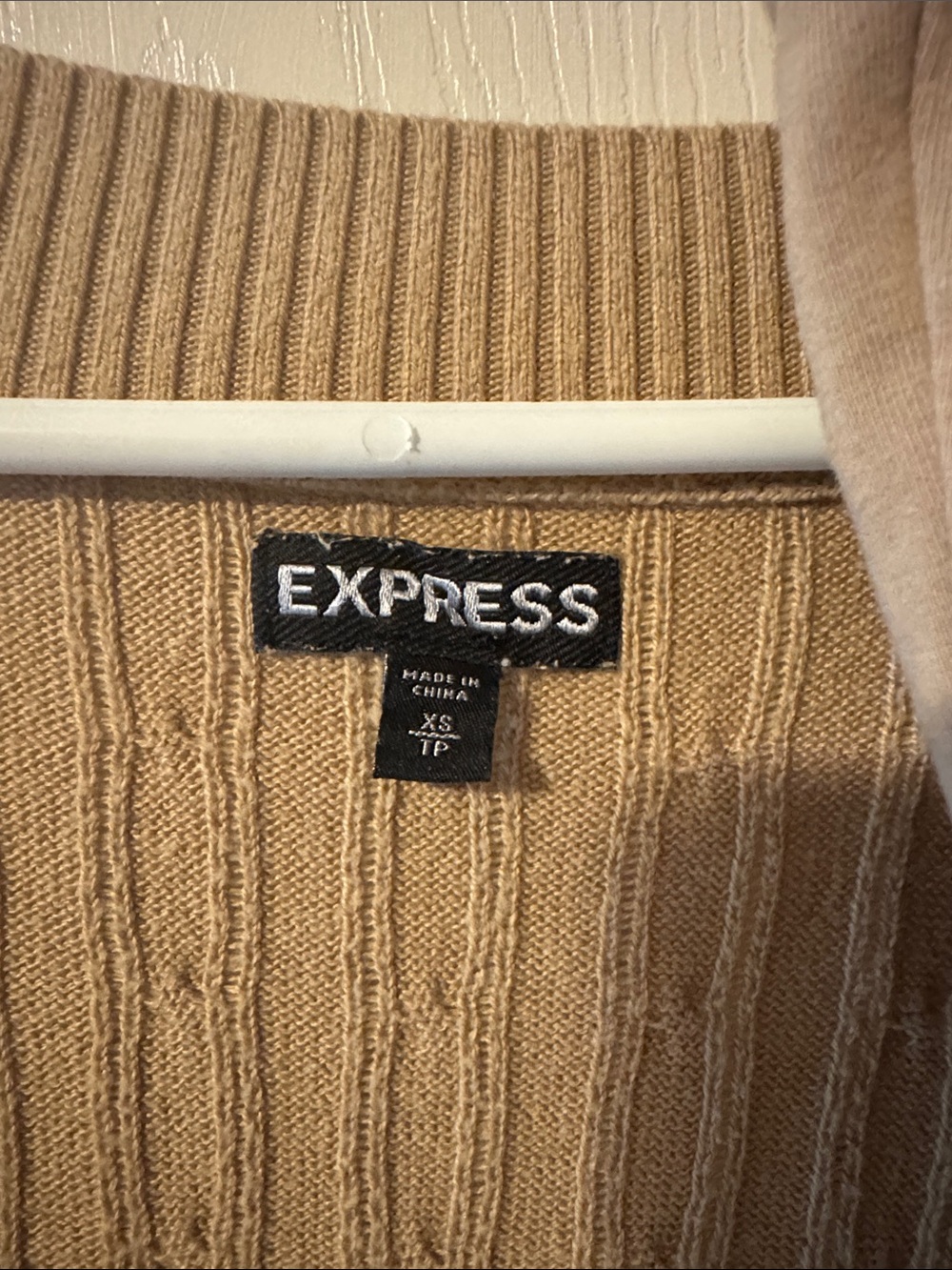 Express Trio: Beige Ribbed V-Neck Sweater, Camisole & Pink Stripe Shirt - Picture 2 of 6